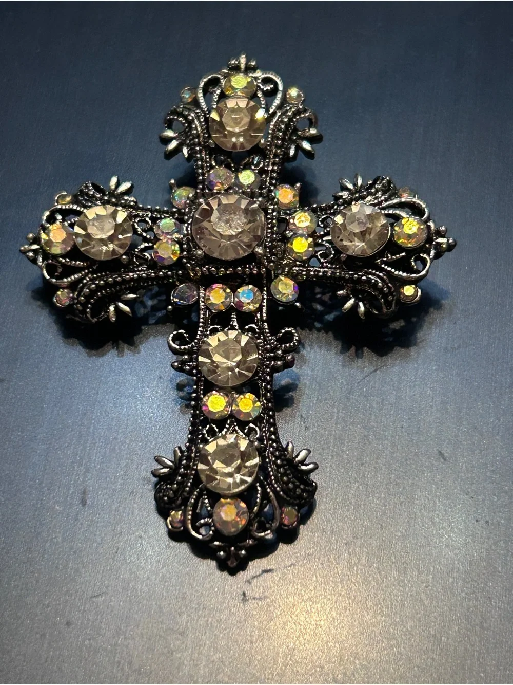 Ornate Crystal Cross Brooch - Clear and Aurora Borealis Stones